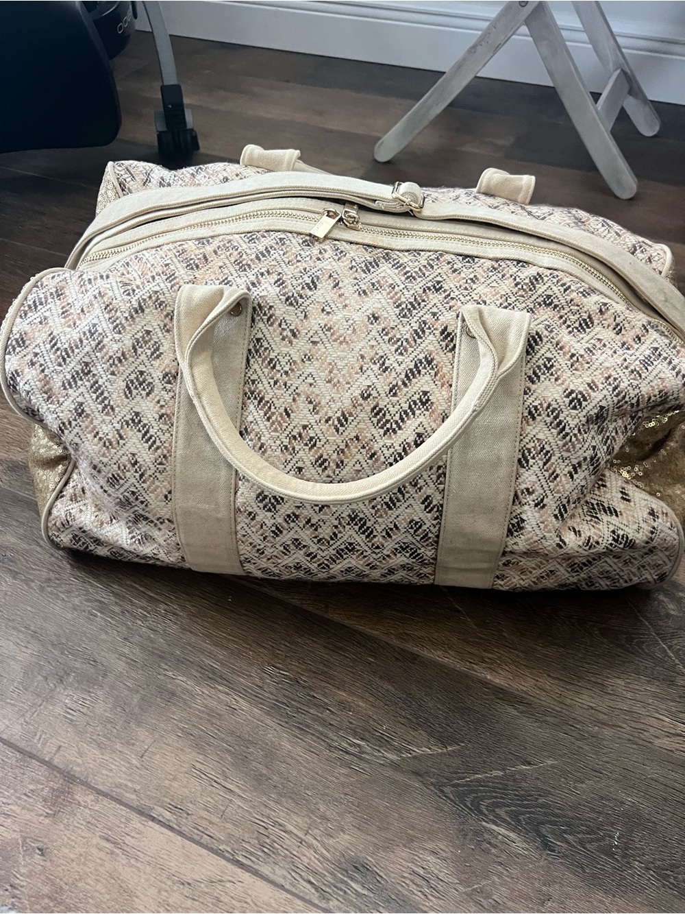 Anthropologie x Deux Lux Metallic Gold Sequin Animal Print Weekender Duffel Bag